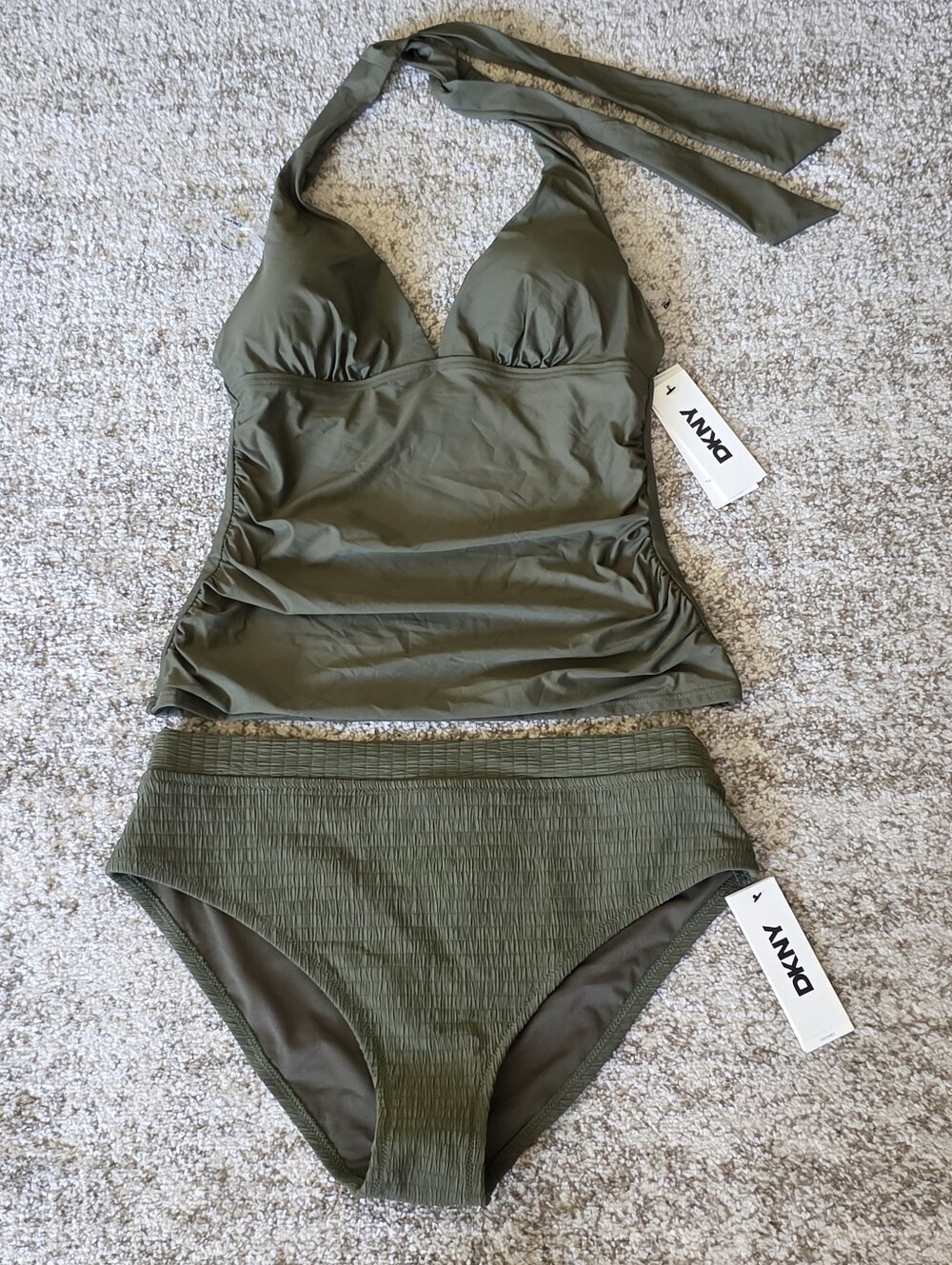 NWT DKNY UPF 40+ Tummy Control Olive Green Ruched Tankini Top Sz S Bottoms Sz M